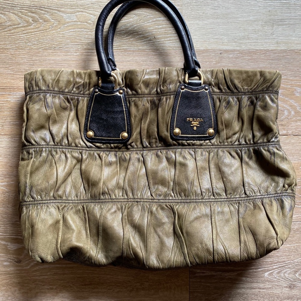 Prada large hunter green leather tote